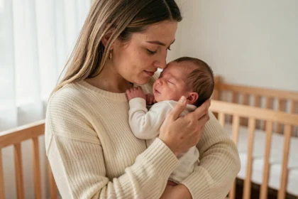 Jeune mère tenant délicatement la tête de son nouveau-né avec une main, en position portrait dans une chambre de bébé lumineuse