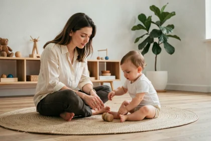 Mère observant son bébé explorer un jouet en bois sur un tapis naturel dans un espace Montessori minimaliste