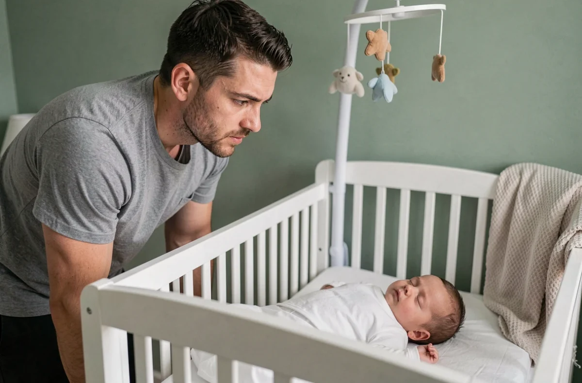 Père observant son nourrisson paisible endormi dans son berceau sans pleurer, dans une chambre de bébé douce