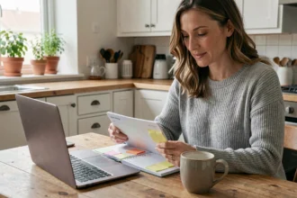 Femme organisant son planning travail-maison avec un agenda et un ordinateur portable dans une cuisine moderne