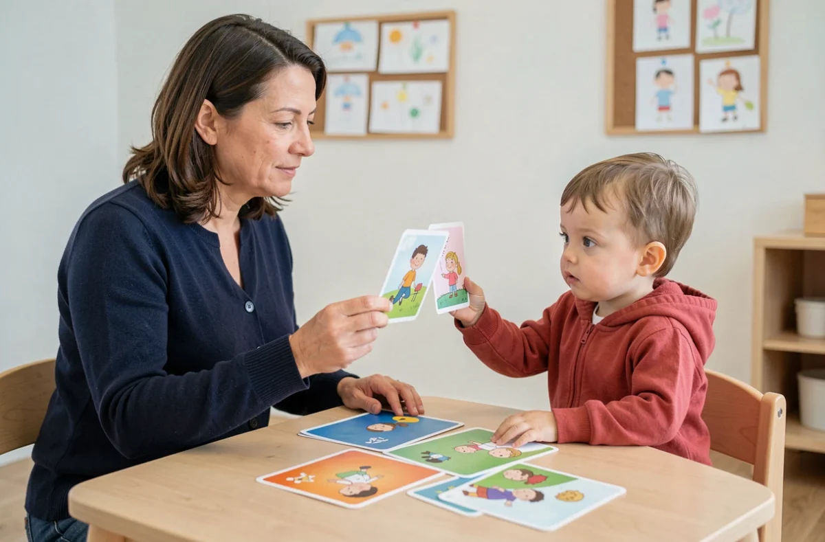 Orthophoniste travaillant avec un enfant de 2 ans et demi sur des cartes illustrées lors d'une séance de bilan du langage en cabinet spécialisé