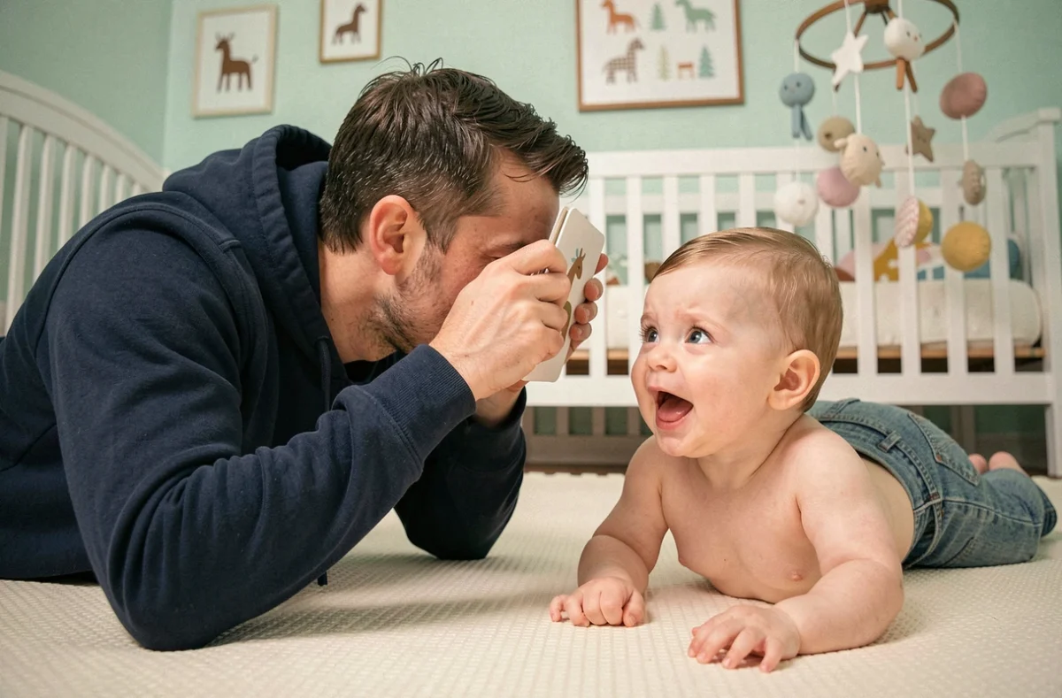 Papa jouant à coucou avec son bébé de 6 mois allongé sur un tapis d'éveil dans une chambre de bébé pastel