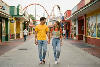 Un couple profitant d'un parc d'attractions peu fréquenté en semaine, idéal pour éviter les foules
