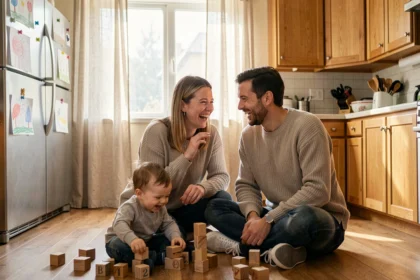 Couple de parents heureux riant ensemble dans leur cuisine pendant que leur enfant joue sur le sol