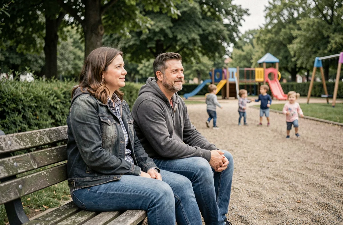 Couple de parents assis sur un banc de parc, veillant sur leurs enfants qui jouent, symbole de la parentalité bienveillante