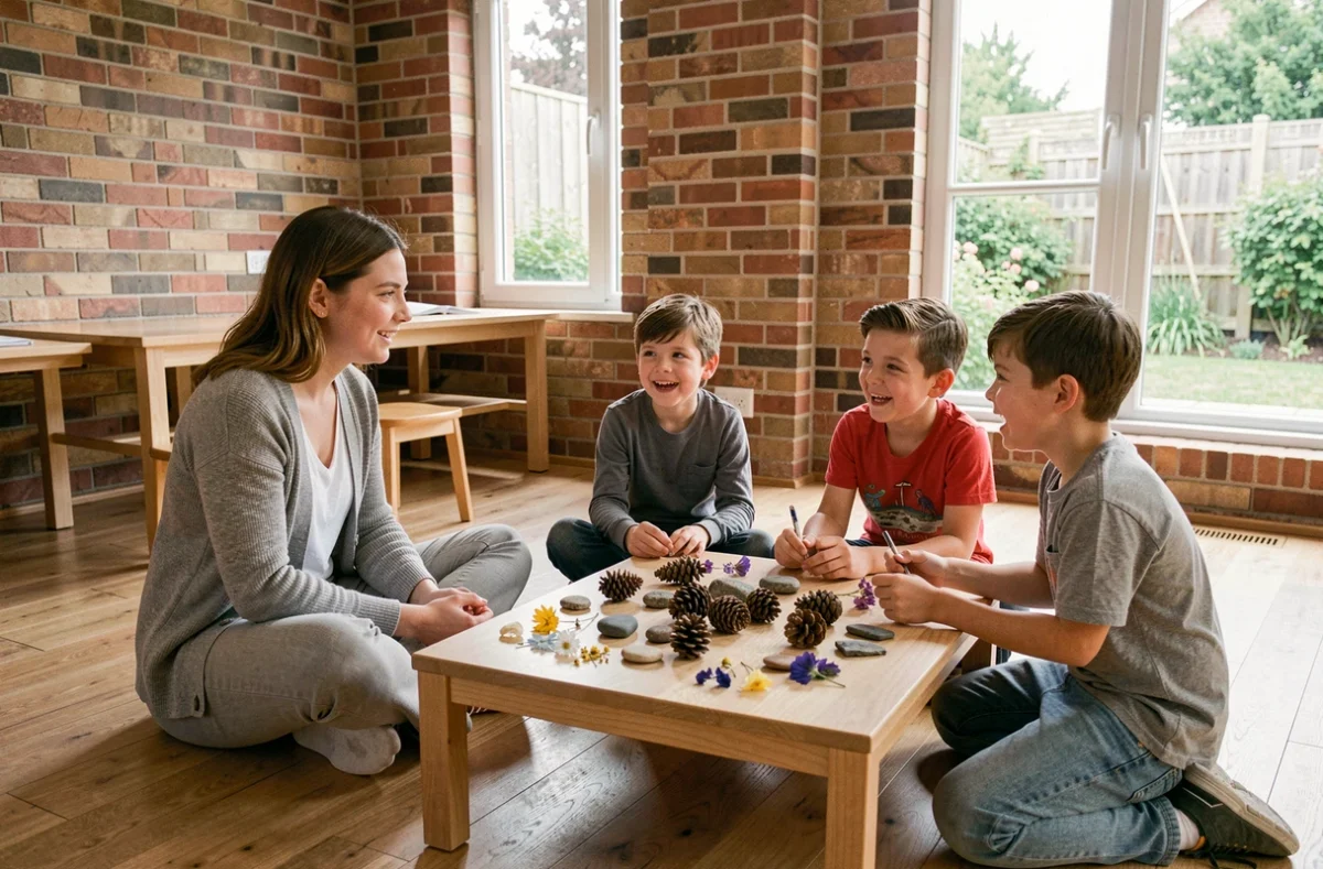 Enseignante écoutant des enfants discuter librement autour d'objets naturels, pédagogie active inspirée de l'éducation naturelle de Rousseau