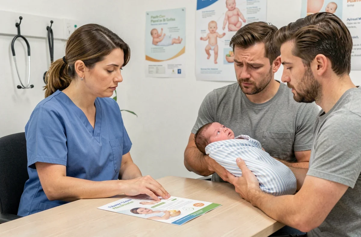 Pédiatre conseillant des parents sur le meilleur lait pour leur nouveau-né lors d'une consultation médicale