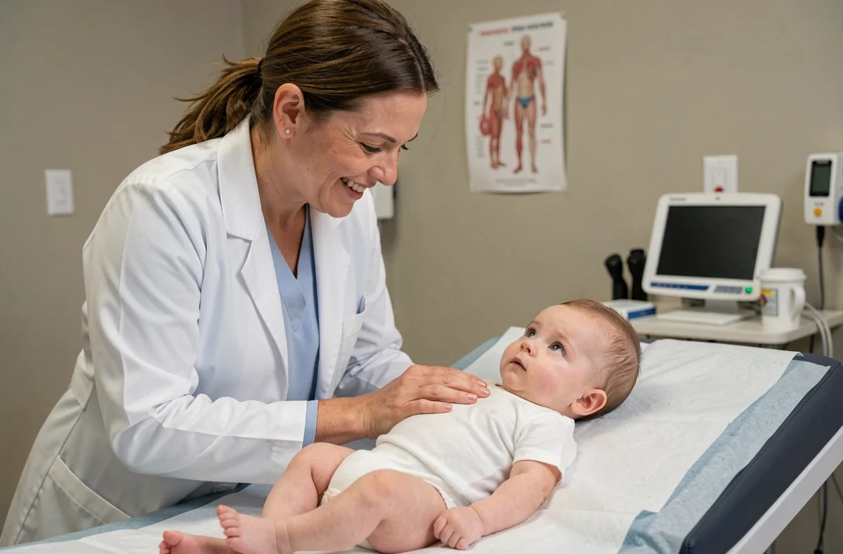 Pédiatre examinant un bébé calme et silencieux lors d'une consultation médicale, bébé qui ne pleure pas