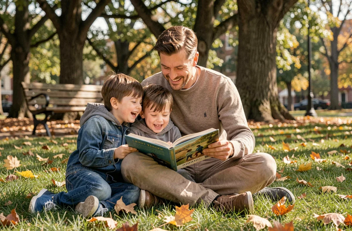 Père lisant un livre à ses enfants assis dans un parc en automne, symbole de la transmission et des valeurs familiales
