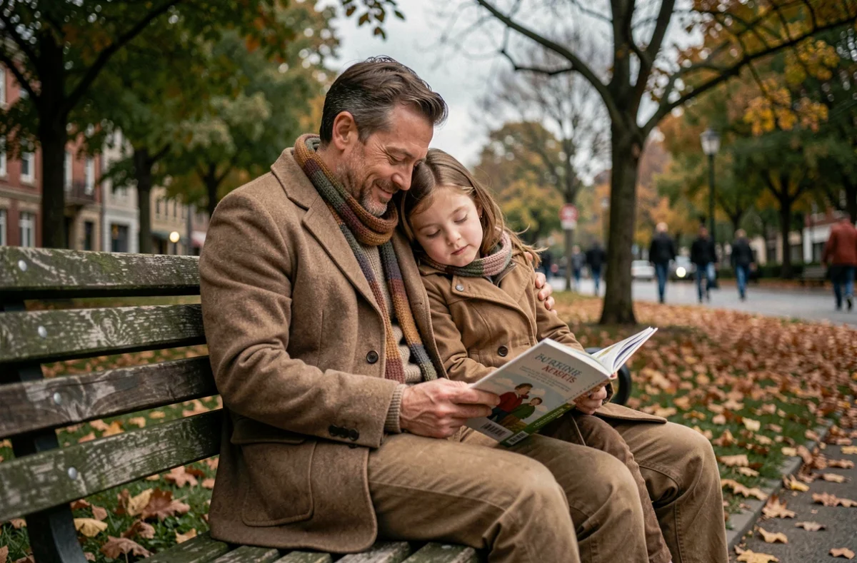 Père et fille lisant ensemble sur un banc dans un parc en automne