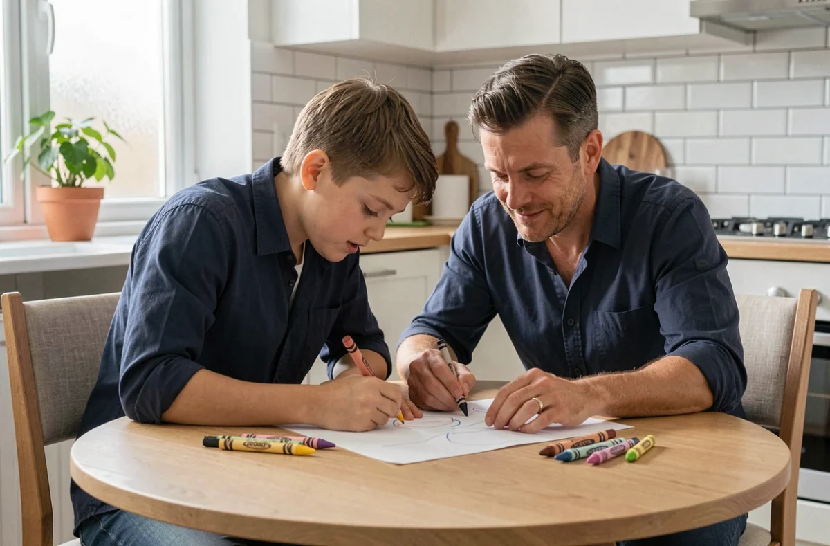 Père aidant son fils à dessiner à la table de cuisine, illustrant l'implication parentale au quotidien