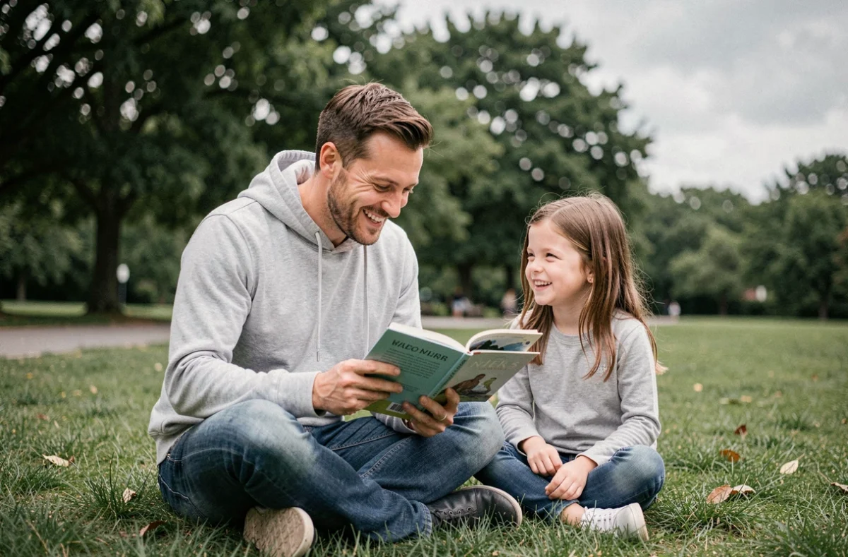 Père lisant un livre illustré à sa fille dans un parc, scène de parentalité épanouie en plein air