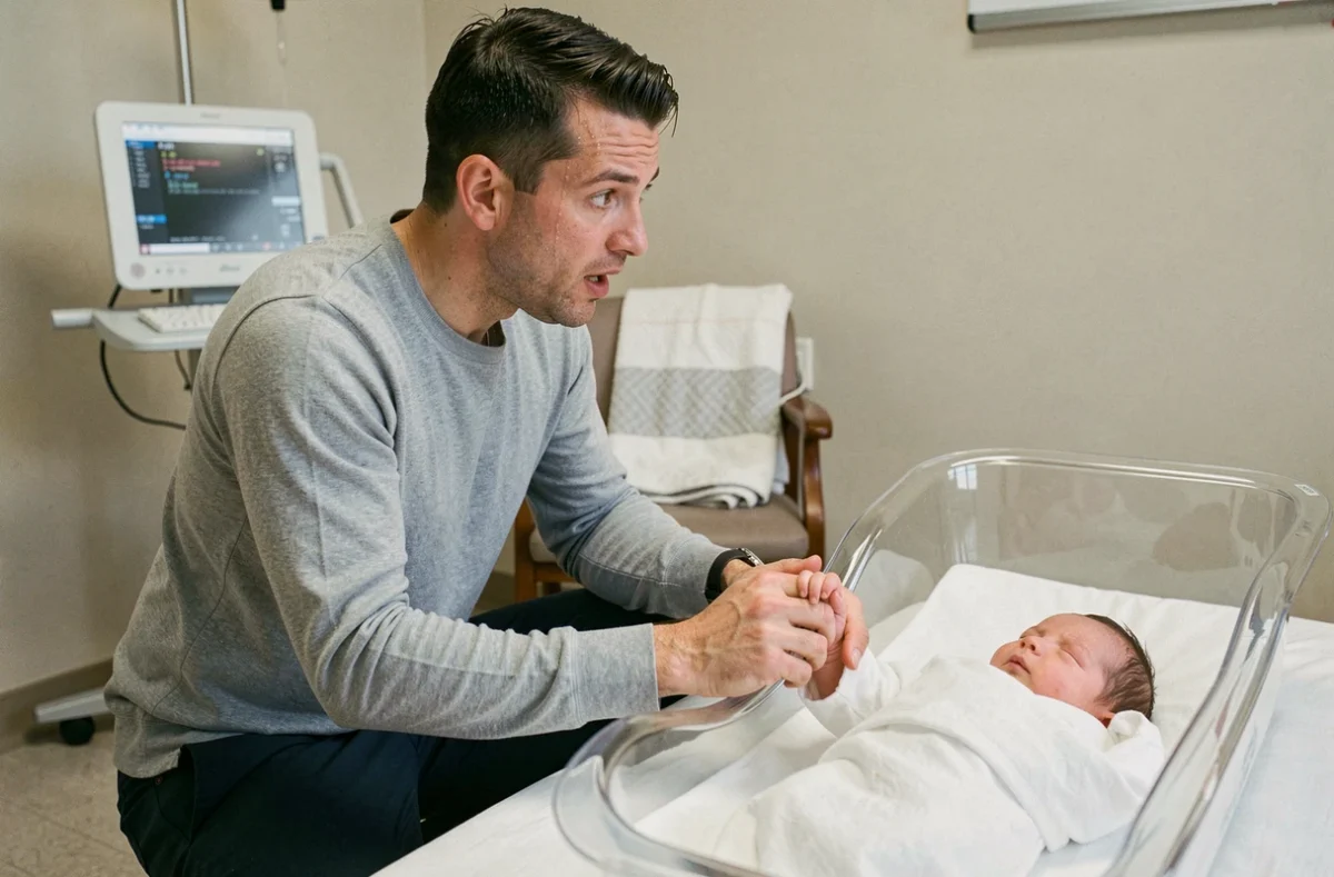 Père ému agenouillé près du berceau de son nouveau-né à la maternité, tenant la main du bébé lors de ses premières heures de vie