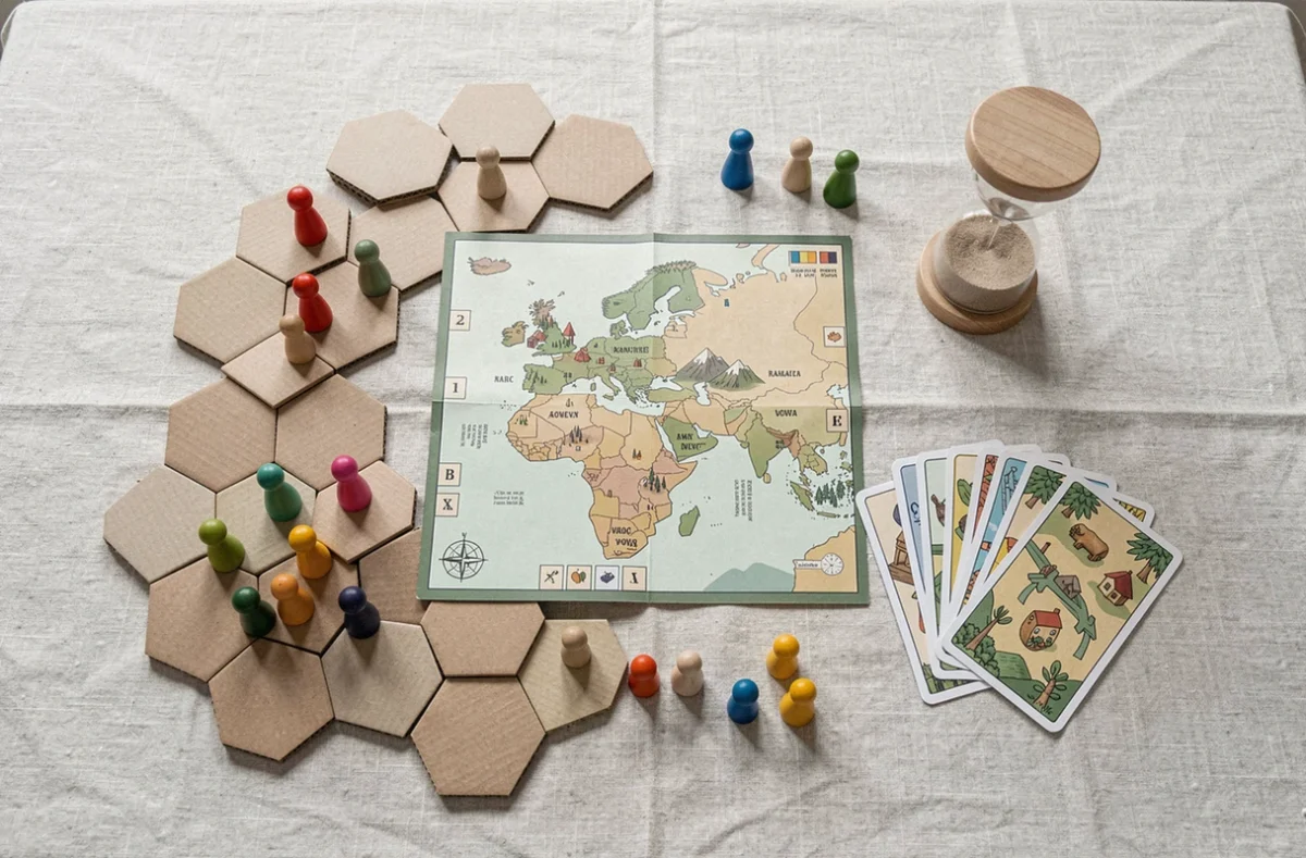 Vue aérienne d'un plateau de jeu de société moderne avec pions colorés et cartes illustrées sur nappe en lin