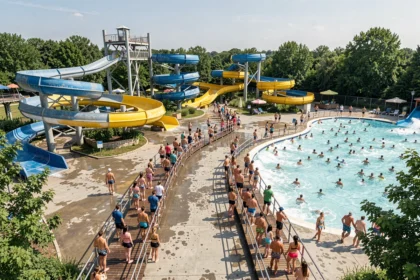 Vue aérienne d'un grand parc aquatique en France avec toboggans géants et piscine à vagues bondée en été