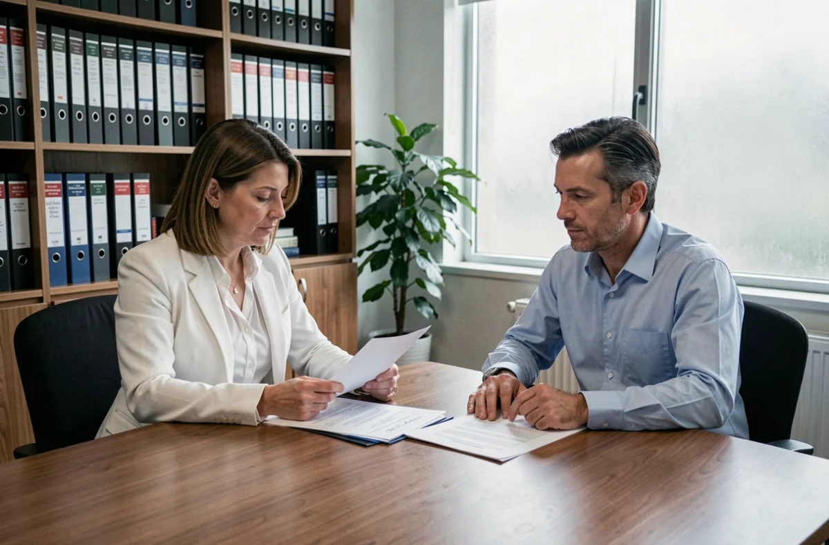 Un homme et une femme d'âge mûr signent des documents dans un cabinet juridique, évoquant une procédure de divorce formelle.