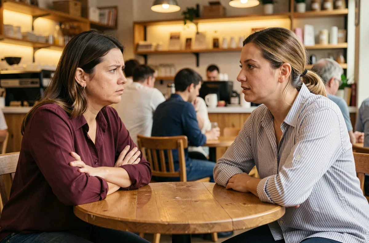 Deux femmes assises face à face dans un café, tension palpable et tentative de réconciliation, illustrant le chemin vers le pardon après une blessure