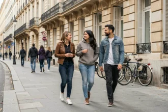 Groupe d'adultes marchant sur un trottoir parisien en respectant la règle de politesse du côté rue