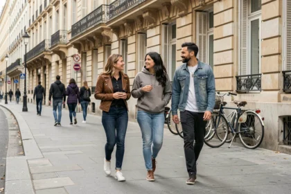 Groupe d'adultes marchant sur un trottoir parisien en respectant la règle de politesse du côté rue