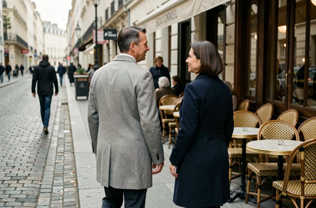 Couple d'adultes sur un trottoir, l'homme côté rue illustrant la règle traditionnelle du trottoir