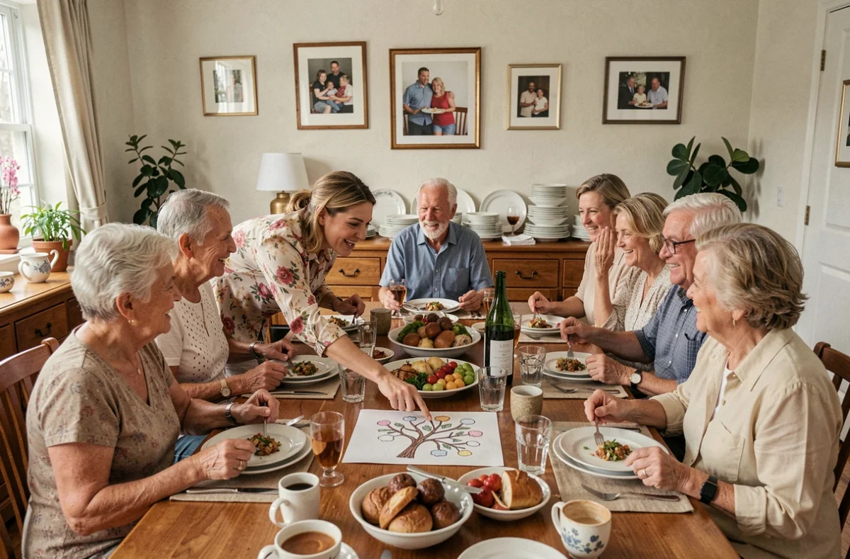 Réunion de famille autour d'un repas dominical avec un arbre généalogique dessiné à la main sur la table