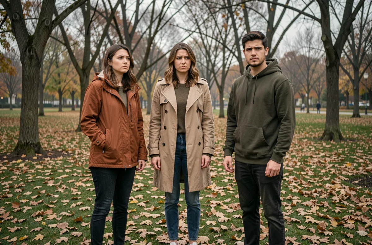 Trois frères et sœurs adultes dans un parc en automne avec une dynamique triangulaire révélatrice des tensions et rivalités fraternelles liées aux théories psychanalytiques
