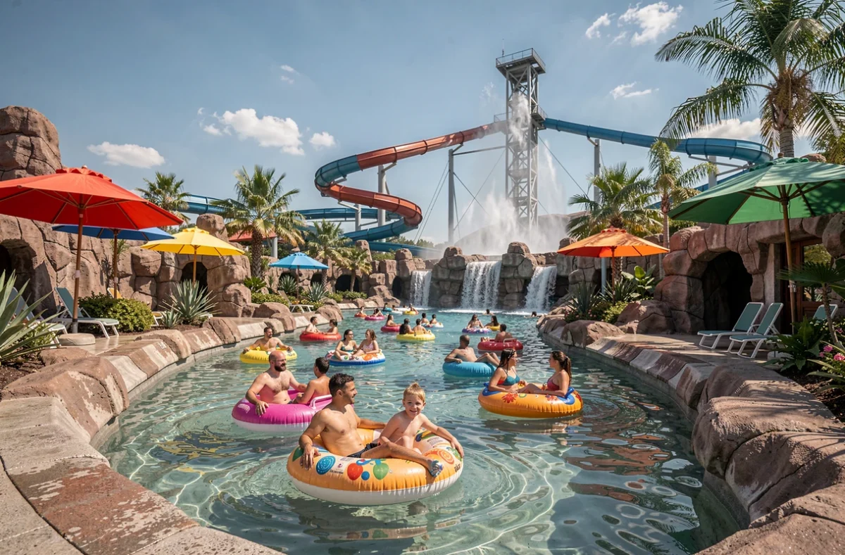 Rivière paresseuse animée dans le plus grand parc aquatique de France avec toboggans en arrière-plan