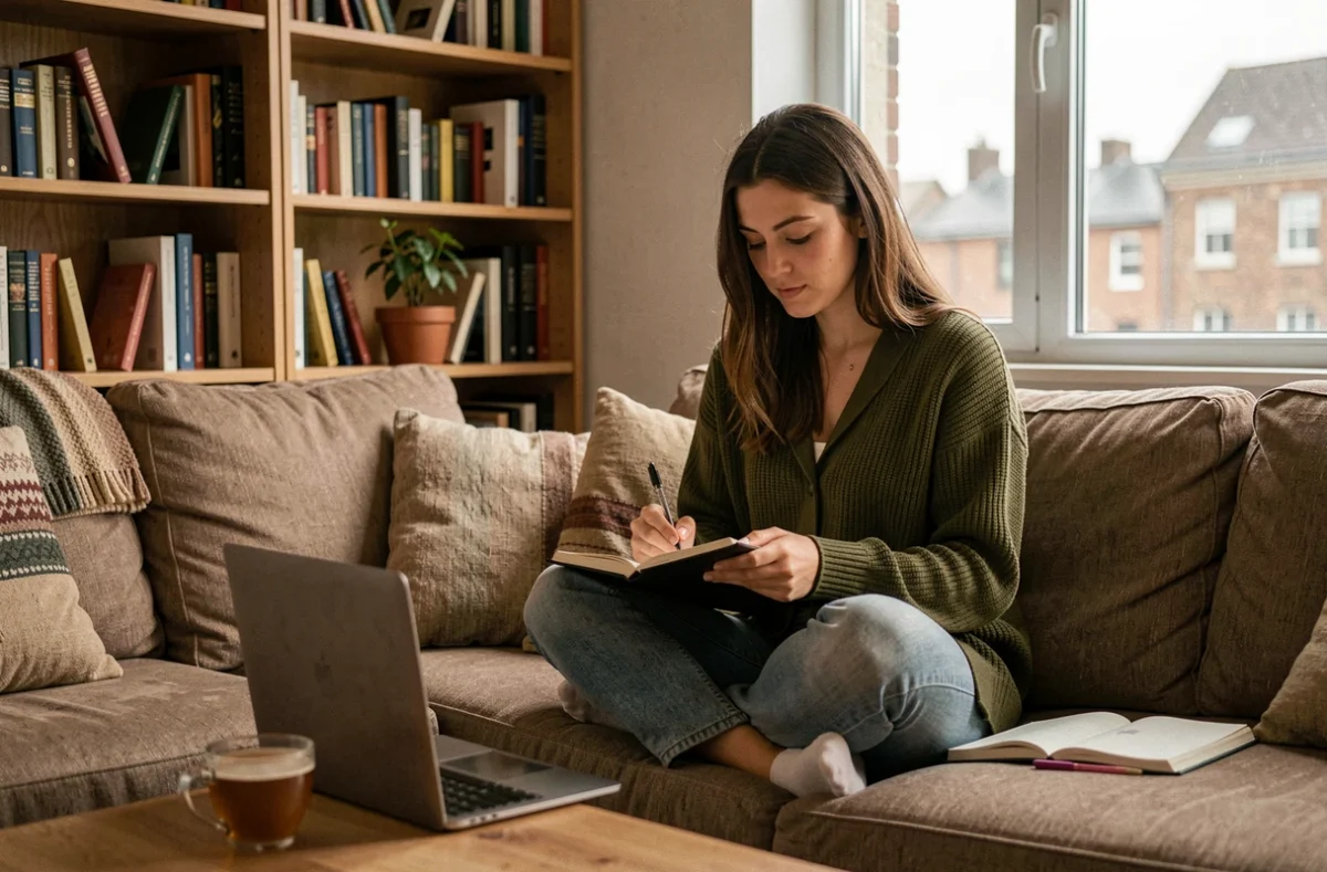 Jeune femme écrivant dans un journal sur un canapé, symbolisant une démarche de sevrage des jeux vidéo et la reconnexion à la réalité