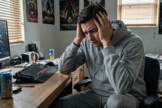Jeune homme épuisé assis devant son bureau de gaming, la tête entre les mains, illustrant le besoin de se sevrer des jeux vidéo