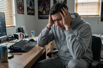 Jeune homme épuisé assis devant son bureau de gaming, la tête entre les mains, illustrant le besoin de se sevrer des jeux vidéo