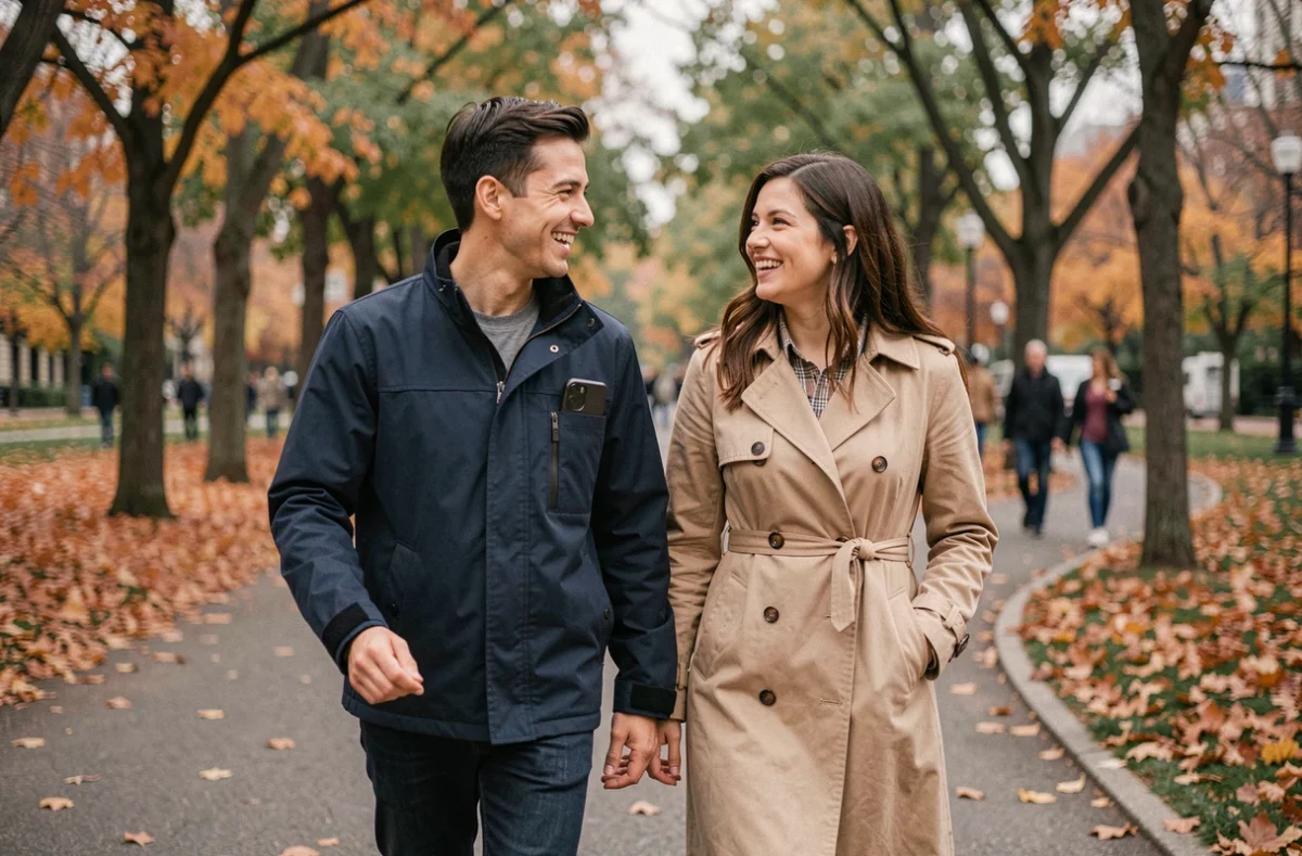 Deux amis se promenant dans un parc en automne, représentant la reconnexion sociale comme alternative aux jeux vidéo