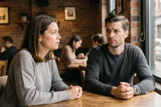 Femme incertaine parlant à un homme distrait dans un café, illustrant les signes que l'on ennuie quelqu'un