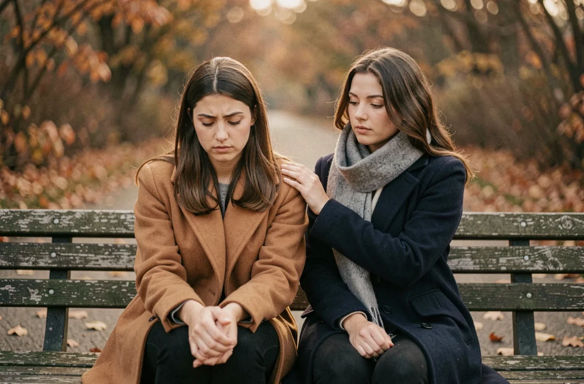 Deux sœurs assises sur un banc de parc en automne, dans un moment de silence et de tension émotionnelle après une dispute