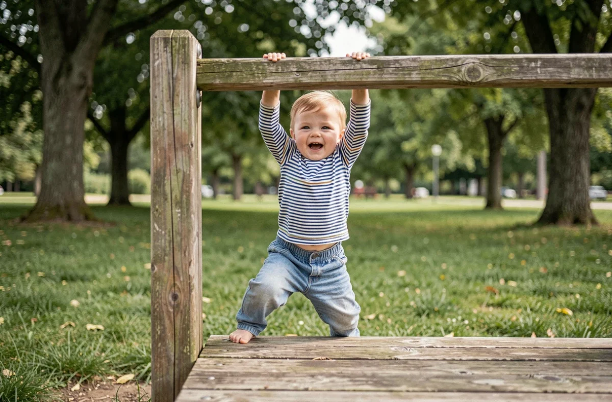 Tout-petit de 2 ans grimpant sur une structure de jeu en bois dans un parc, représentant le développement physique et la motricité globale des bébés en plein air