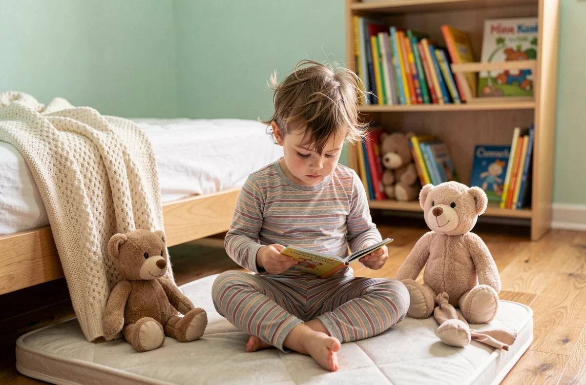 Tout-petit assis sur un lit bas de sol pour tout-petits entouré de peluches, lisant un livre cartonné dans une chambre cosy aux tons pastel
